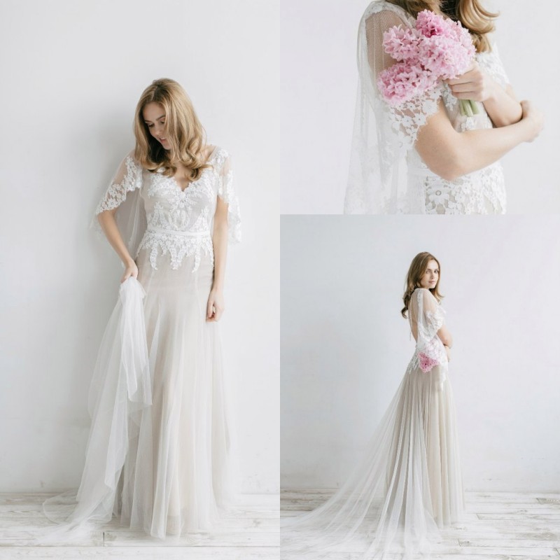 

2021 Bohemian Wedding Dresses V Neck Lace Appliques Beach Bridal Gowns Custom Made Sexy Backless Sweep Train A Line Boho Wedding Dress, White