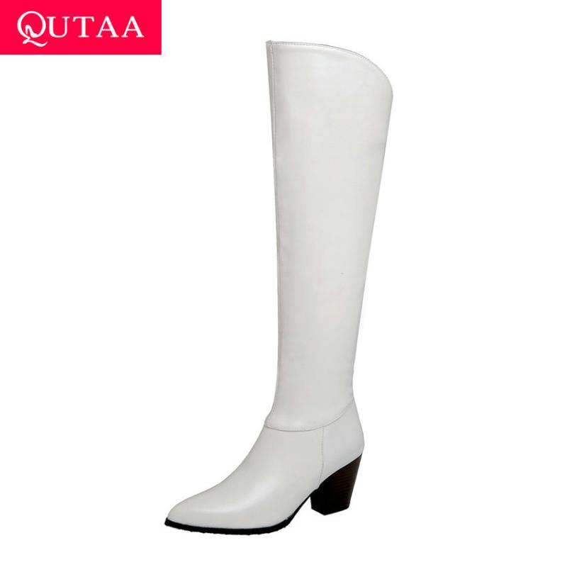 

QUTAA 2021 Knee High Women Boots PU Leather Fashion Square High Heels Pointed Toe Zipper Autumn Winter Women Shoes Size 34-43, Black