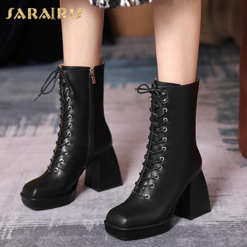 

Sarairis 2020 New Fashion Genuine Leather Thick Heels Boots Woman Shoes Zip Up Platform cross-tied Concise Fashion Boots, Black