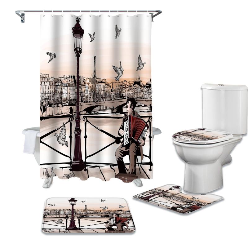 

Accordionist Art Bridge Paris Pigeon France Shower Curtain Sets Non-Slip Rugs Toilet Lid Cover and Bath Mat Bathroom Curtains