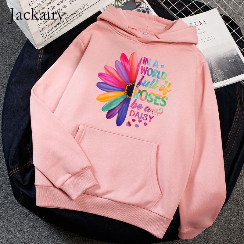 

Jackairy Winter Fleece Hooded Sweatshirt Women Hoodies Colorful Daisy Print Casual Long Sleeve Pullover Female Thicken Warm Coat, Red tops