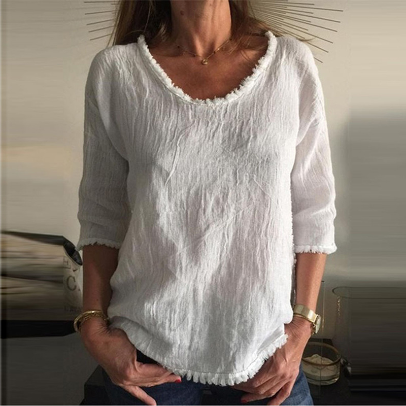 

Women' Cotton Tassel Three Quarter Sleeve Blouse White Loose O-Neck Female Blouses Autumn Fashion Casual Office Ladies Tops