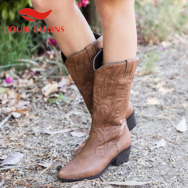 

JOUIR TALONS 2020 New Arrivals women shoes Hot Sale Classics Slip-On Mid-Calf Chunky Heels Boots, Black