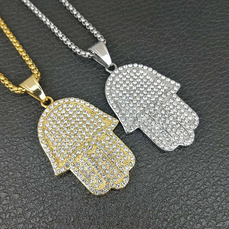 

Hip Hop Rhinestones Paved Bling Iced Out Stainless Steel Fatima Hand Pendants Necklaces for Men Jewelry Drop Shipping