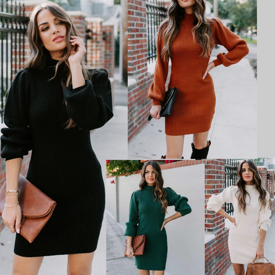 

4colours womens slim knitting dress autumn winter sweaters dress casual long sleeve street bodycon dress, White;black