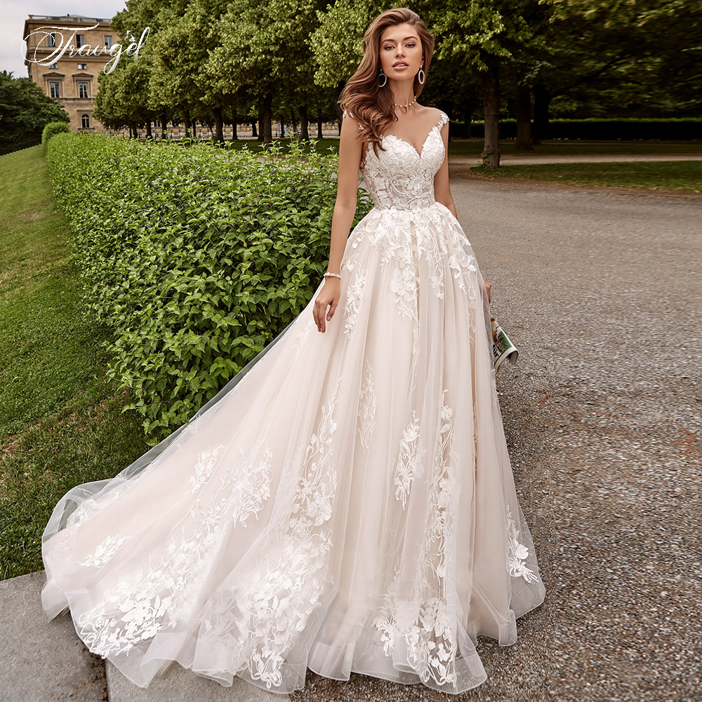 

Traugel Illusion Scoop A Line Lace Wedding Dresses Elegant Cap Sleeve Bridal Dress Court Train Wedding Gowns for Bride Plus Size, Champagne