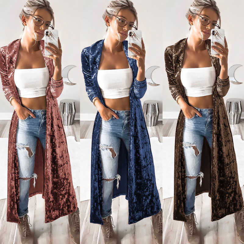 

Women' Clothing spring autumn long-sleeved velvet windbreaker cardigan long coat women Slim solid color retro ladies daily coat, Blue