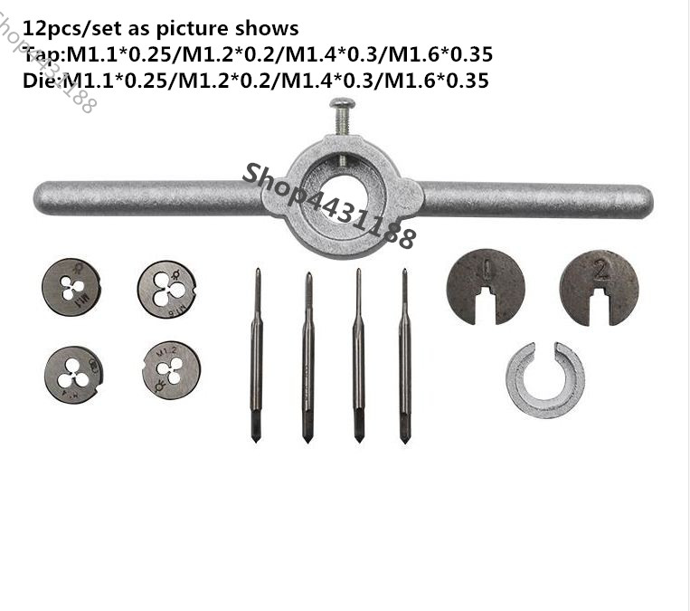

12Pcs Mini HSS Metric Thread Plugs Taps Dies Wrench Handle Set M1.1-M1.6 Screw Free shipping