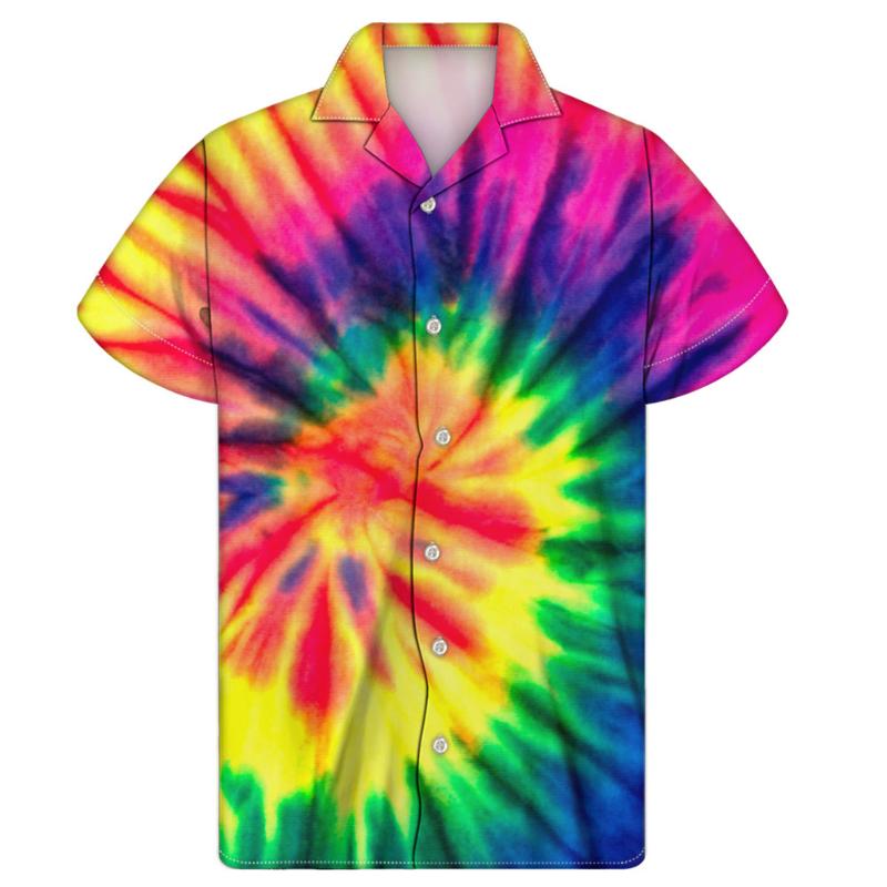 

WHEREISART Colorful Tie-dye Pattern Men Summer Short Sleeved Teenagers Stand Collar Button Down Loose Hawaiian Camisas, Ca5283z77