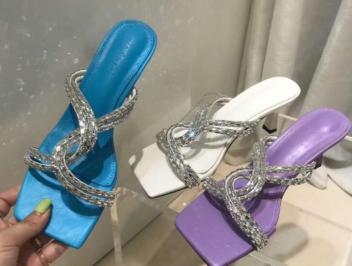 

Moraima snc Crystal Embellished high Heel Shoes Woman Summer Open Toe Rhinestones Party Wedding Heels Purple Black White