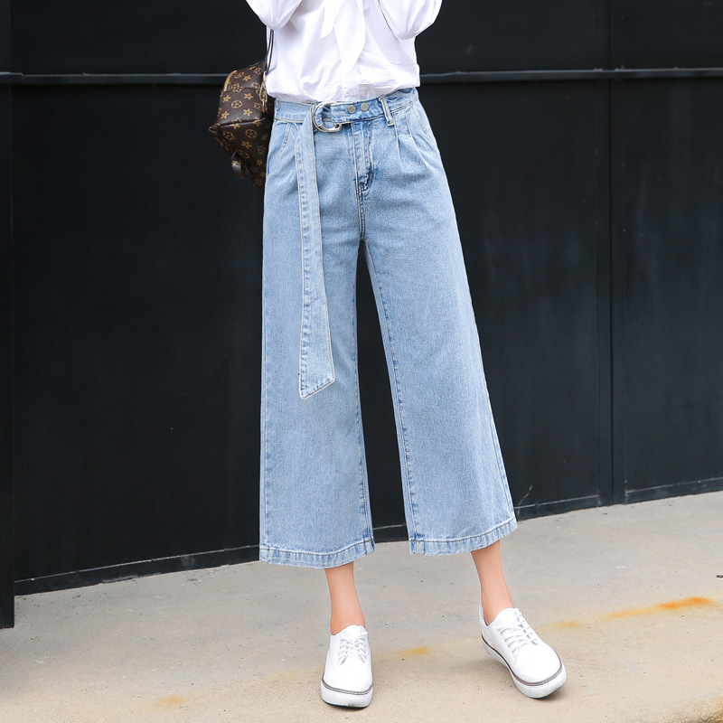 

New Spring Autumn Casual Loose Wide Leg Pants Trendy Street Wind Nine Points Mid Waist Jeans Fashion Belt Denim Pants D283, Light blue