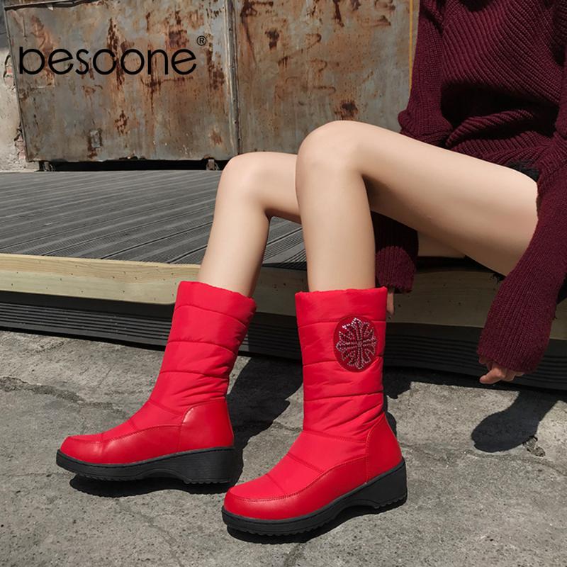 

BESCONE Warm Women Mid-Calf Boots Comfortable Round Toe Slip-On Shoes Winter Handmade Embroider Square Heel Ladies Boots BM87, Black