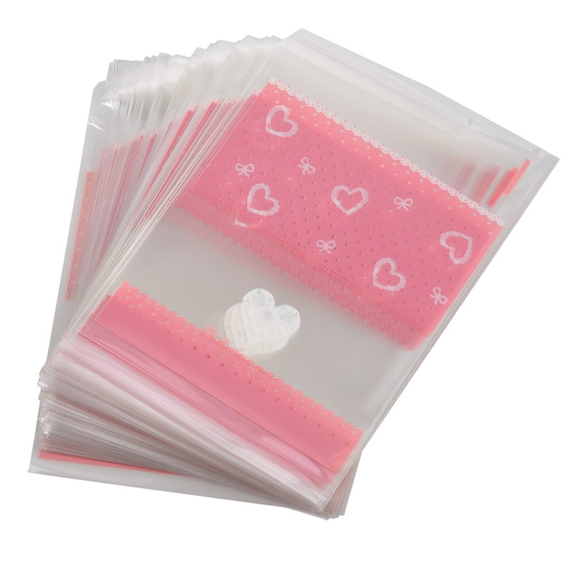 

100 PCS Lovely Cute Bowknot OPP Self Adhesive Cookie Bakery Candy Biscuit Roasting Treat Gift DIY Plastic Bag (Heart + Lace Desi