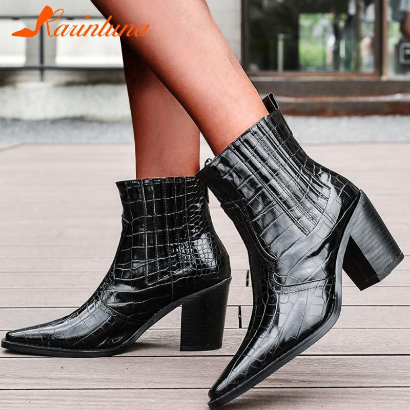 

Karin Fashion Brand woman shoes Cow Leather Classics Square Thick Heels Slip-On Ankle Female Autumn Boots, Black