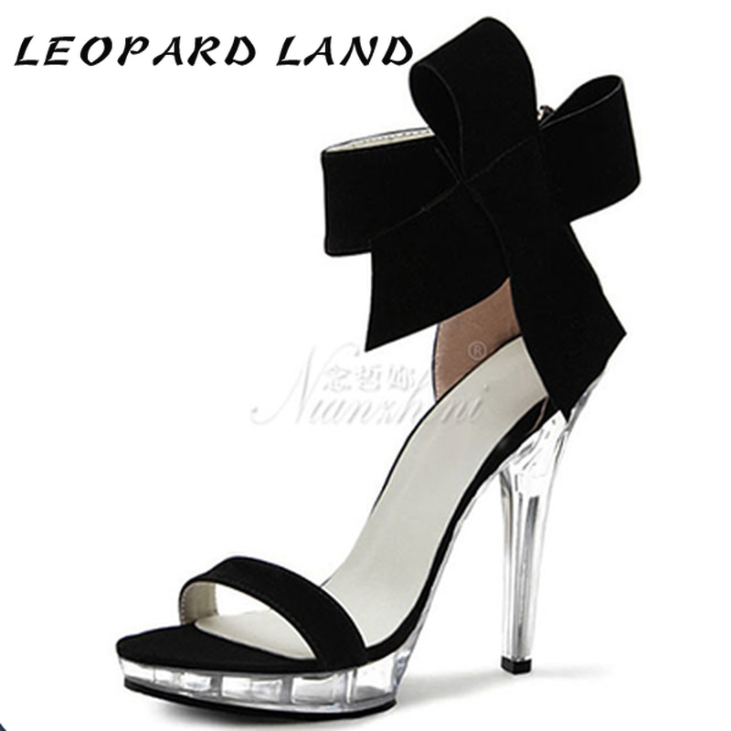 

Sandals LEOPARD LAND 20cm Heels Round Suede Bow Tie Buckle Ultra-fine High Heel Package Dress Party Women's LYP, Black