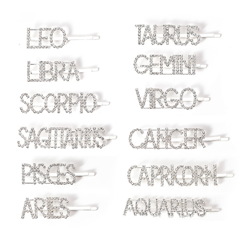 

12 Zodiac Rhinestone Hair Pins Crystal Shiny Rhinestones Word Letters Hair Clips 12 Constellations Diamond Hair Accessories M1274, Slivery;white