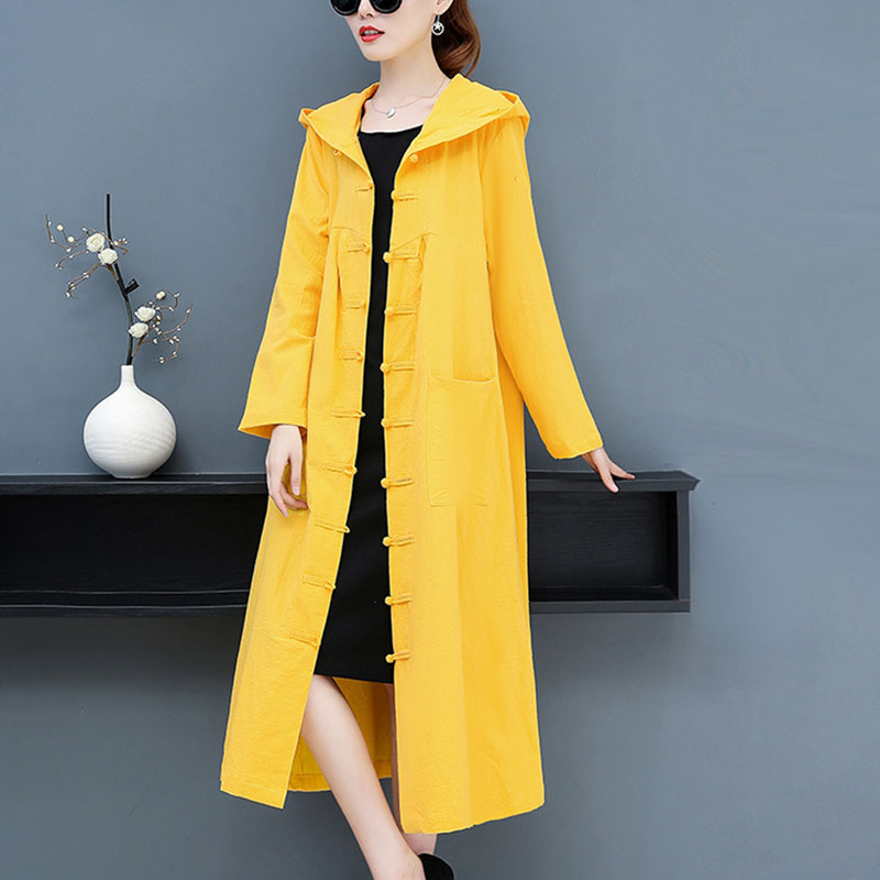 

female trench coat Spring and Autumn New Hooded Cardigan Solid color Long sleeve Long women's windbreaker Single-breasted A060, Black