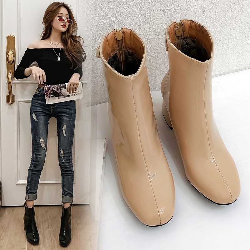 

2020 New Arrival Fashion Shoes Women Boots zipper Patent Leather Ankle Boots Square head Low Heel Female Sexy Winter, Black