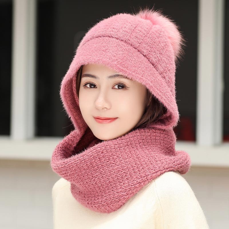 

Knitted Warm Women's Hat and Scarf Winter Hat Cap Solid Color Cotton Winter Girls Beanie Hats gorros mujer invierno, Black
