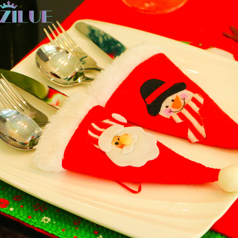 

Zilue 1pcs/Lot New Christmas decorations Christmas Hat Knife Fork Bag Stickers Small Hat Cutlery Bag Table Decorations