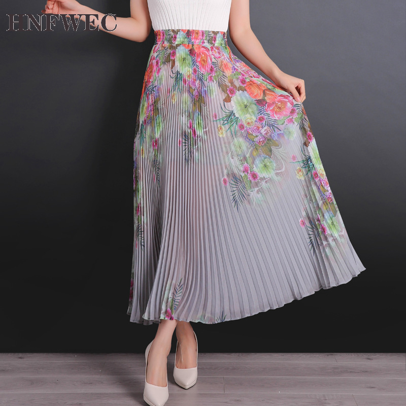 

2020 Summer New Fashion Clothes High Waist Floral Pleated Chiffon Big Swing Trend Wild Women Printing Skirt 6 Color E375, 1515 yellow