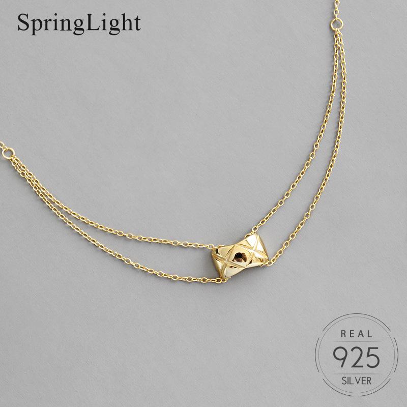 

Springlight 100% 925 Sterling Silver Rhombic Plaid Double Layer Necklace Gold Silver All-match Creative Trendy Pendant for Women