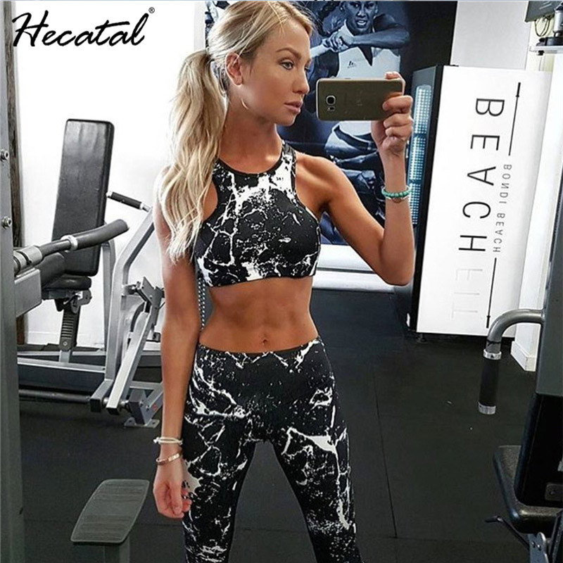 

Heeatal Sexy Crop Tops + Leggings Sportswear Two Piece Outfits Women Pants Tight Tracksuits Running Printed Workout Clothes, Black