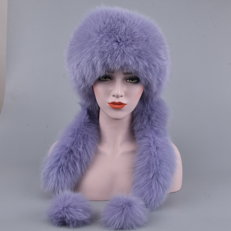

Women winter fur Hat Genuine Fur Hats With 2 Pompons Whole Tail Russian Winter Outside Warm Mongolian Female Caps, Black