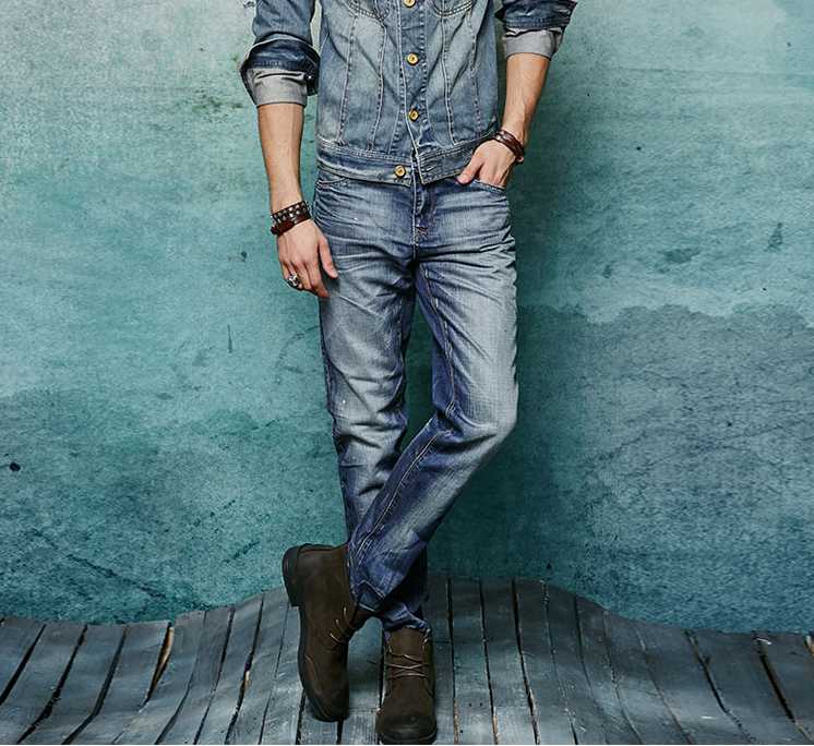 

2020 autumn slim straight 100% cotton comfortable jeans male splash-ink the trend of casual trousers, Blue
