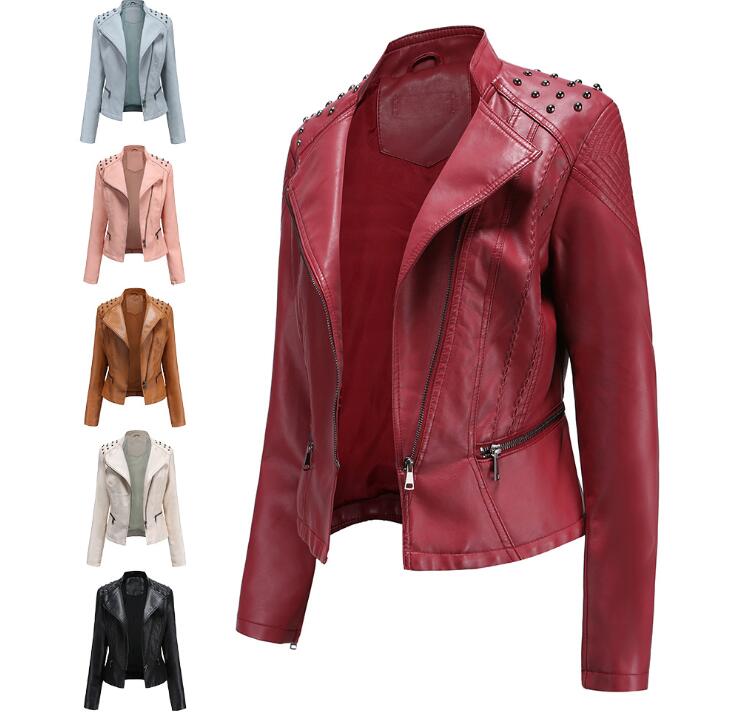 

Women Leather Jacket New High-Quality Slim Autumn Thin Section Small jacket Ladies PU Outwear Slim Biker Fashion Rivet Coat, Beige