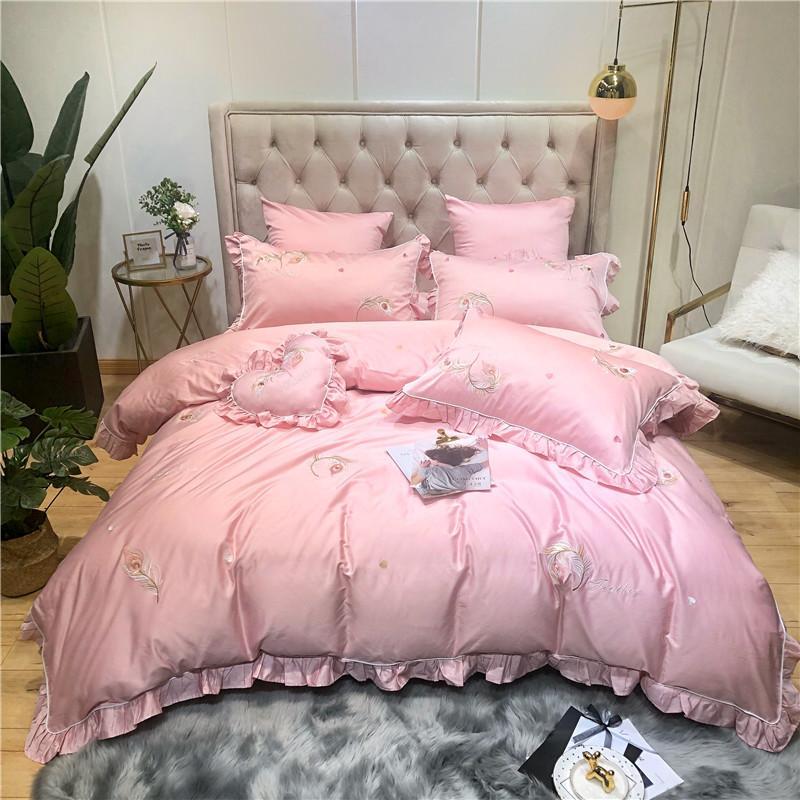

J2 J/7Pcs pink luxury Egyptian cotton bedding set queen king bed set feather embroidery duvet cover bed sheet pillowcase, 18