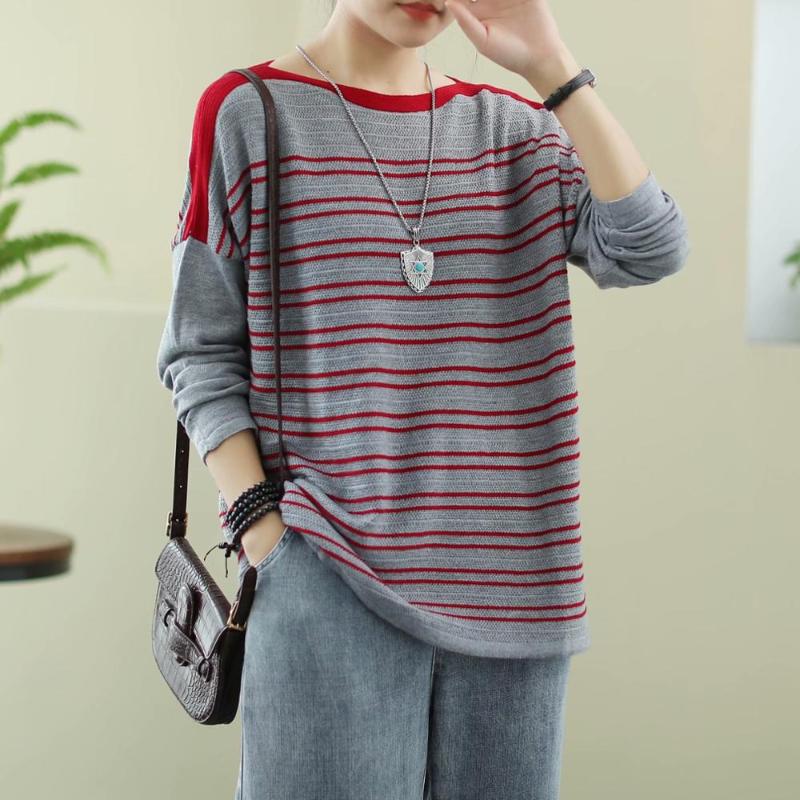

2020 autumn and winter new striped sweater women's thin wild wool knit sweater long-sleeved top, Gray