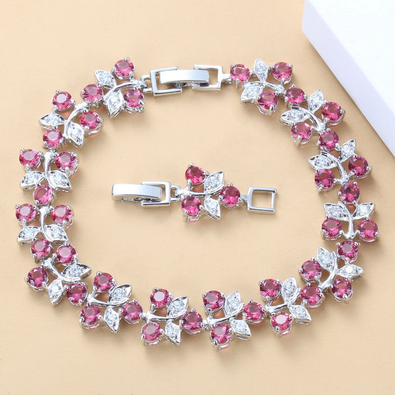 

Princess Wedding Costume Rose Red CZ Silver Color Jewelry For Women Link Chain Bracelet Length 18+3CM