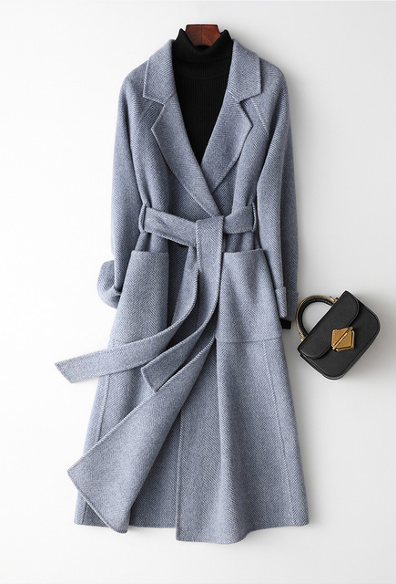 

050 Women Woolen Coat Elegant Turn Down Collar Women Long Woolen Coat Dark Gray Design Winter Warm Casaco Feminino
