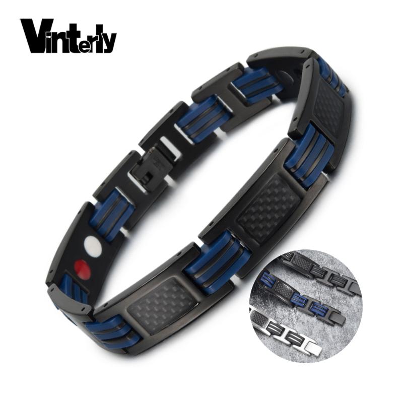 

Vinterly Magnetic Men Bracelet Blue Silicone Health Energy Bracelet Male Chain Black Stainless Steel Magnetic for Men