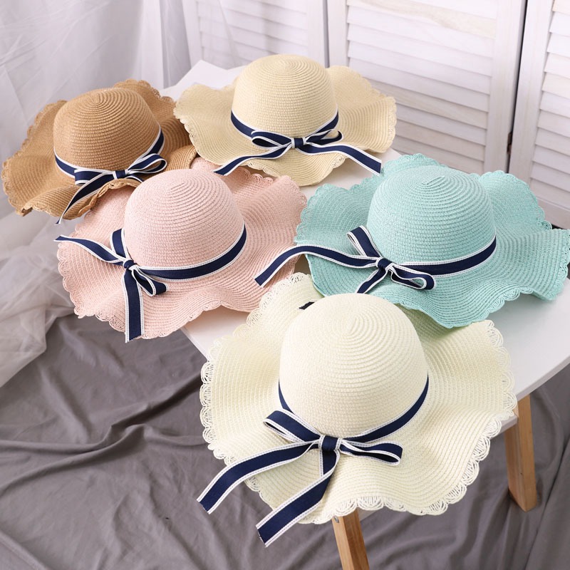 

WZCX New Lotus Leaf Solid Color Bow Sunscreen Straw Hat Foldable Fashion New Outdoor Shade Beach Cap Summer Women Hat, 02