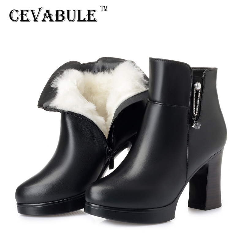 

CEVABLUE Super High Heels Leather Women's Boots Winter Plush Cotton Boots Women's Thin High Rise Wool ZLT-MCP-3090, Black brown