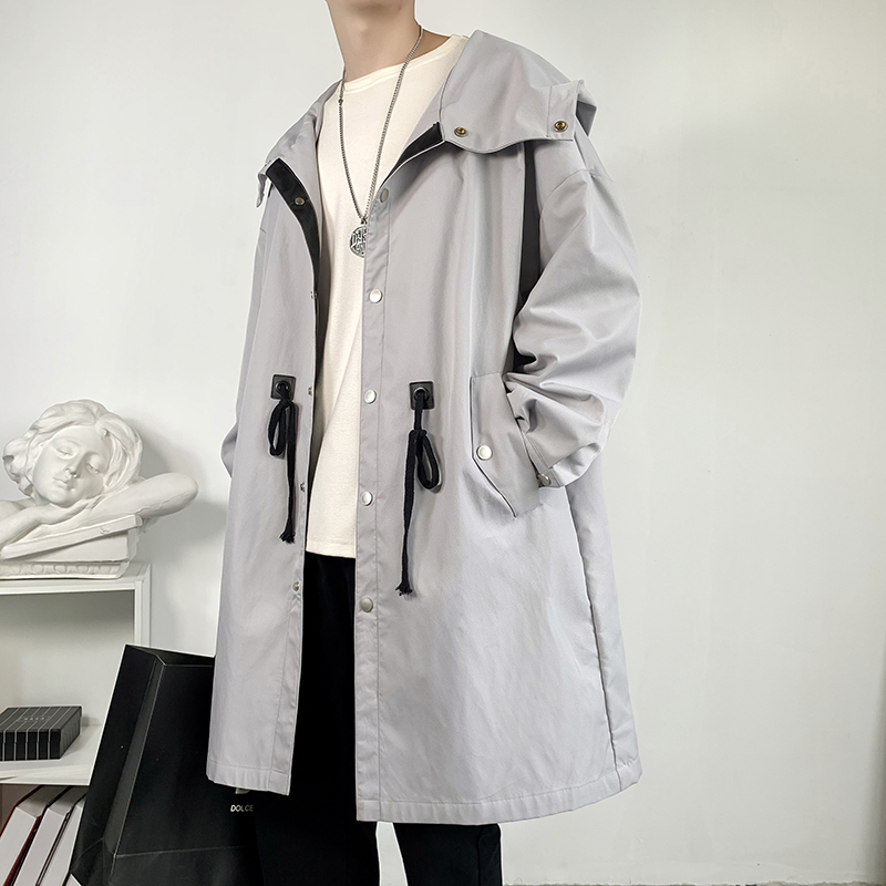 

New Autumn Long Trenchcoat Men's Fashion Black White Hooded Windbreaker Button Pocket Trench Coat Streetwear Youth Clothes