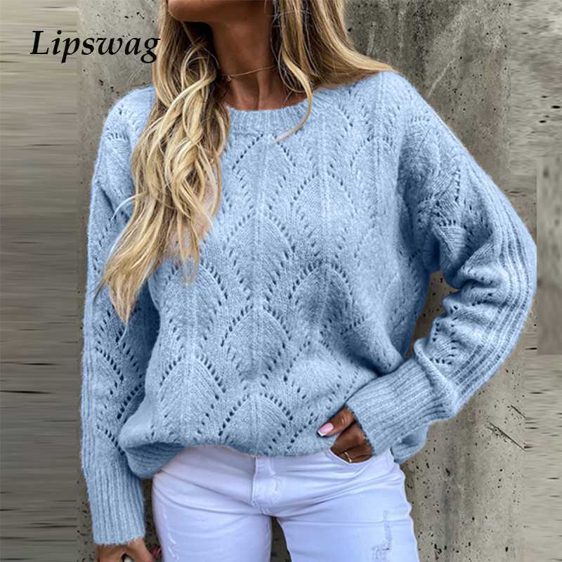 

Autumn Casual O Neck Hollow Out Sweater 2020 Winter Women Vintage Knitted Sweater Elegant Ladies Long Sleeve Loose Tops Pullover, White