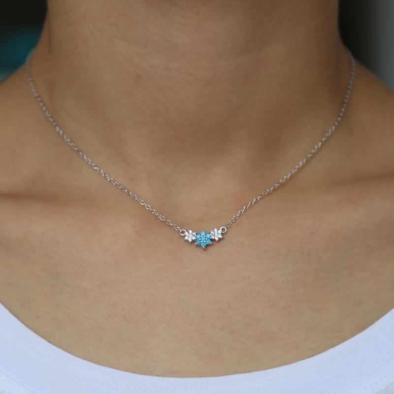 

35+10cm 925 sterling silver flower pendant necklace with cz turqoises stone 33pcs tiny flower charm chain necklace daily jewelry