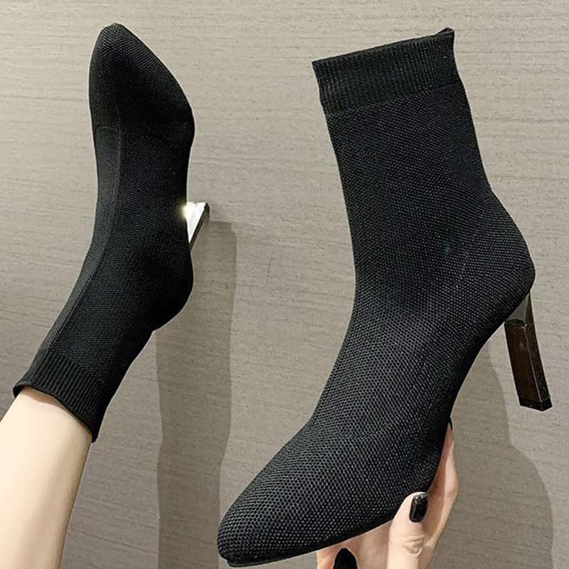 

2020 Women Fashion 9cm High Heels Boots Stretch Sock Ankle Boots Sexy Cheap Nightclub Fetish Low Heels Quality Jeans Shoes, Khaki