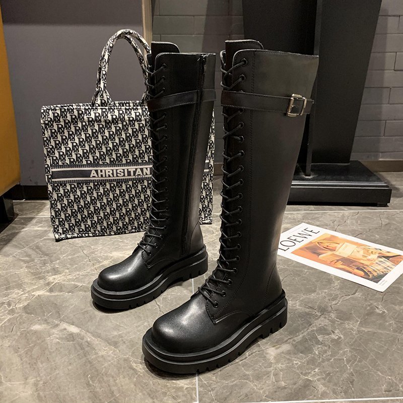 

Boots for Women Autumn 2020 New Fashion Womens Black Boots Platform Zipper Solid Color Bandage High Size 34-40