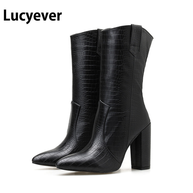 

Lucyever Vintage Black PU Leather Cowboy Boots for Women Thick High Heel Western Mif Calf Boots Rome Style Knight Botas Mujer