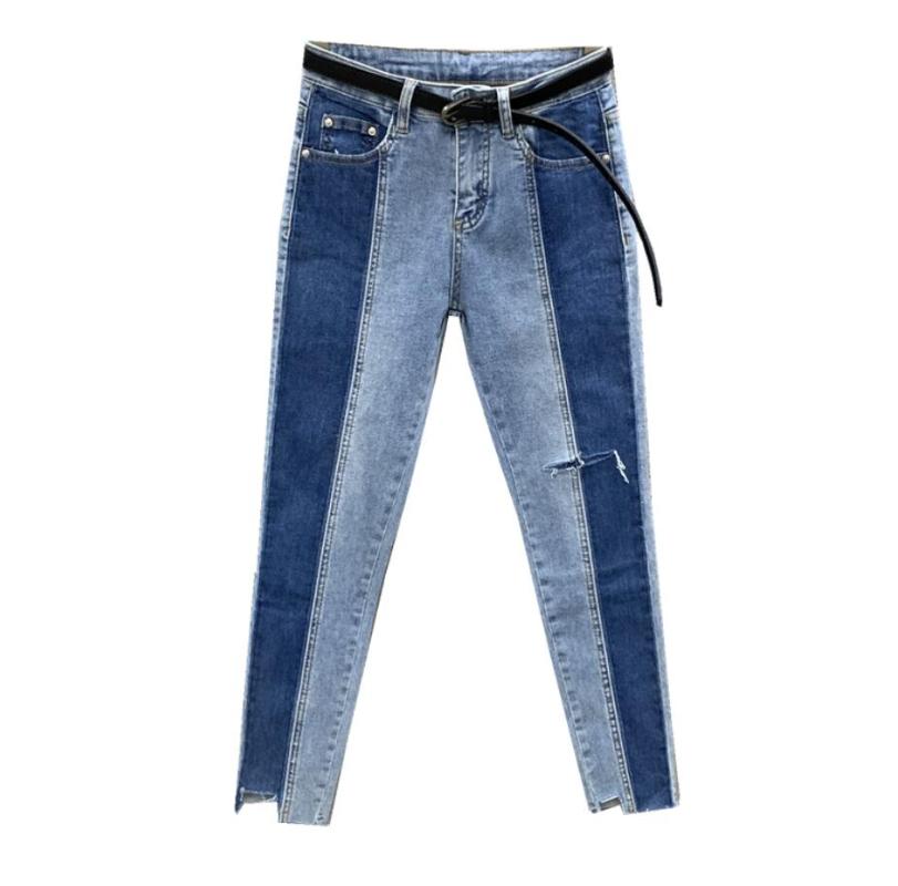 

Stitching color matching jeans women 2020 spring new Korean version of the slim nine-pointed pencil denim pants r2477, Blue