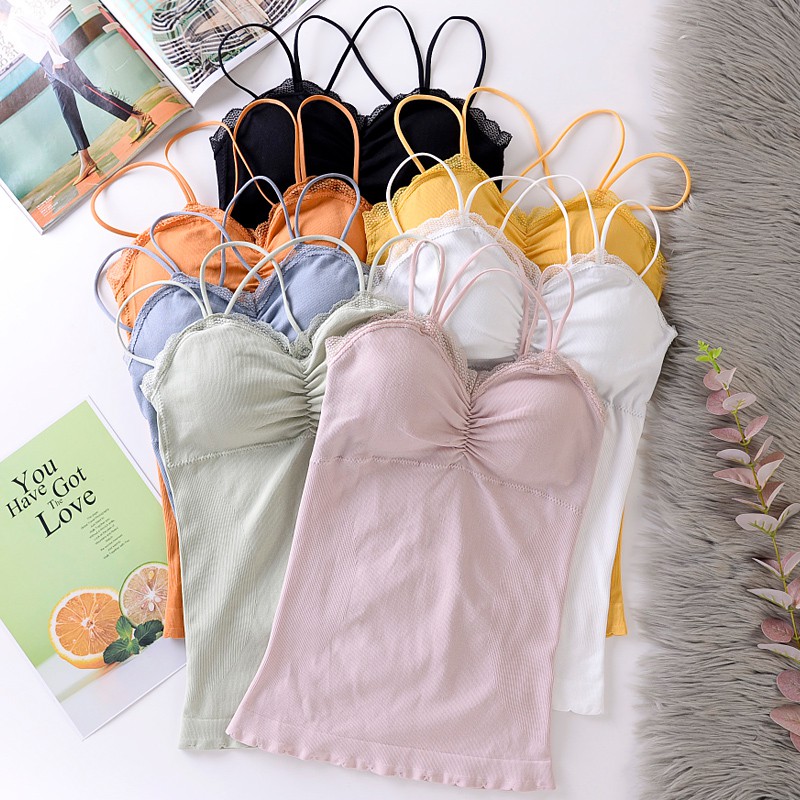 

Women Cotton Lace Side Padded Tank Top Cross Back Wire Free Camis Tank Top Anti-light V-neck Underwear Lingerie, White