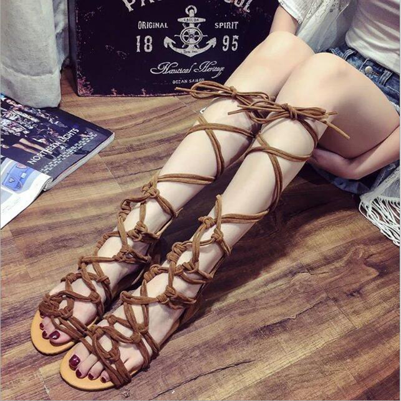 

Sexy Knee High Boots Gladiator Sandals Lace Up Flat Shoe Rome Style Party Shoes Big Size 43, Black