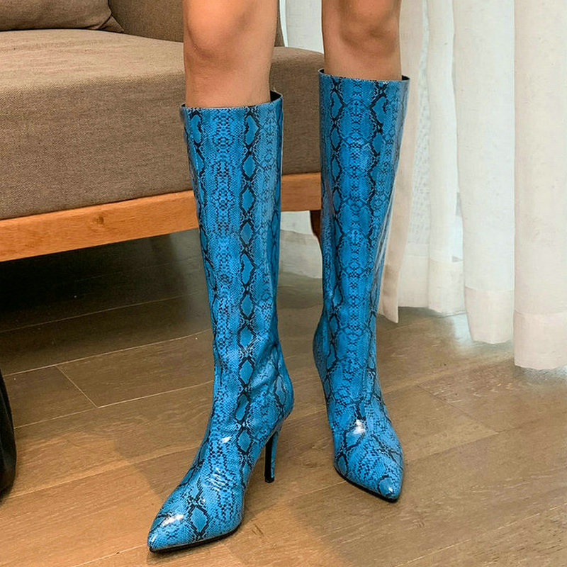 

Fashion Snake Print Women Knee High Boots Pointed Toe Thin High Heel Women Shoes Slip on Western Boots Big Size 34-43, Blue