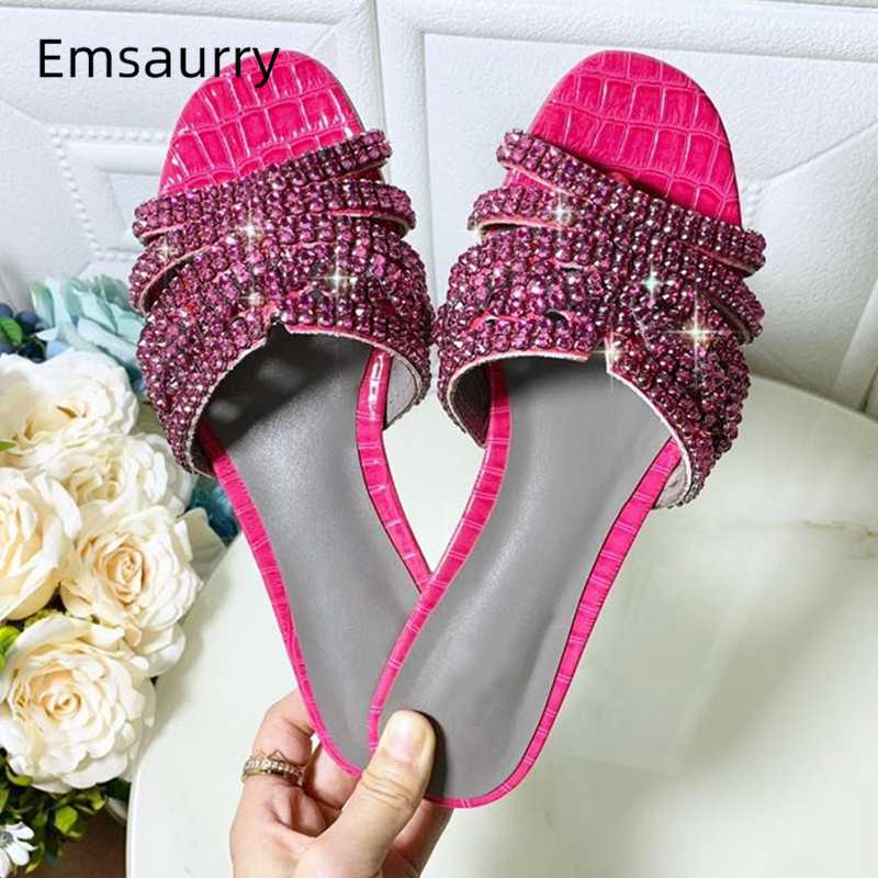 

Sexy Summer 2020 Rhinestone Runway Slippers Women Genuine Leather Stone Grain Flip Flops Crystal Flat Shoes Woman, Rose