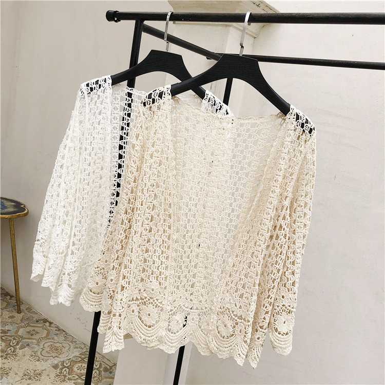 

Summer hook flower hollow-out lace lace thin beach holiday loose sun shirt, White