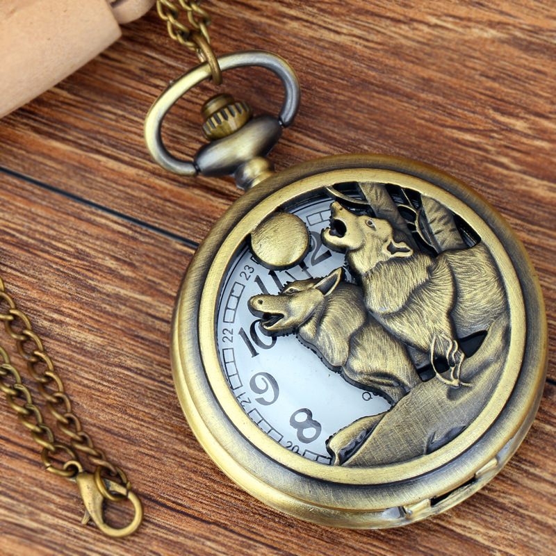 

Antique Wolf Hollow Quartz Pocket Watch Bronze Color Animal Vintage Fob Pendant Waist Chain Clock Men Women Watches Fob Chain Male Reloj